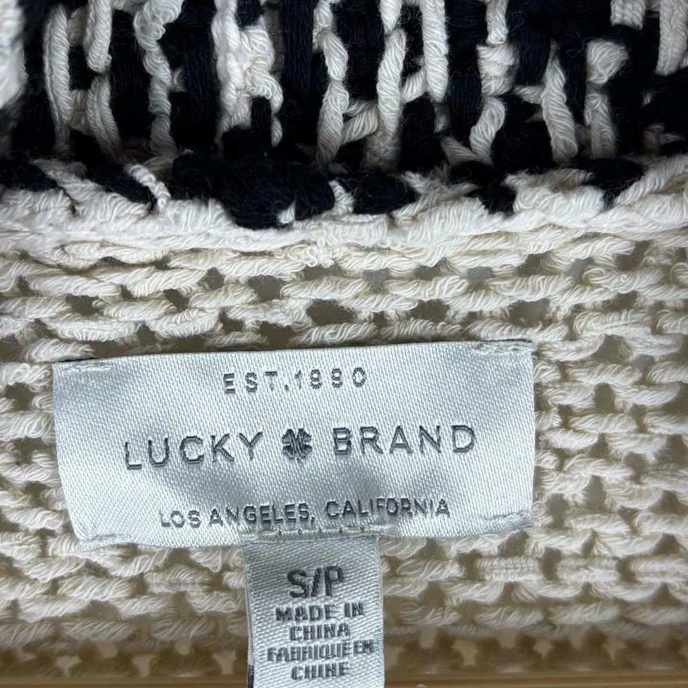 Lucky Brand Novelty Stitch Cardigan Small Cream Black Cable Knit Open Sweater - Picture 8 of 10